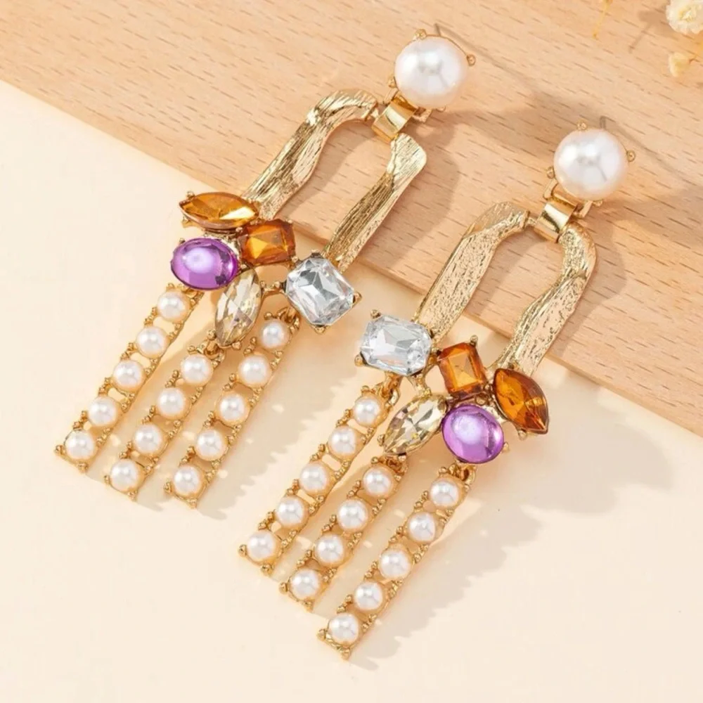 Statement Gold-Tone Earrings with Colorful Stones & Faux Pearl Strands